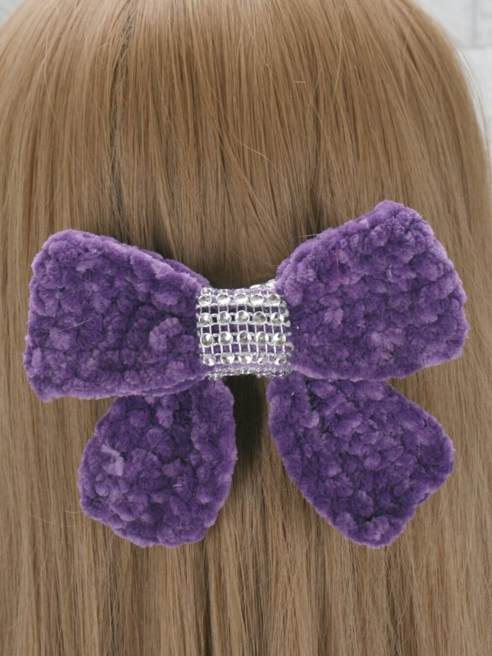 HAND CRAFTED Hair Bow Kids Crochet Chenille Velvet Hair Barrette Oversize Purple